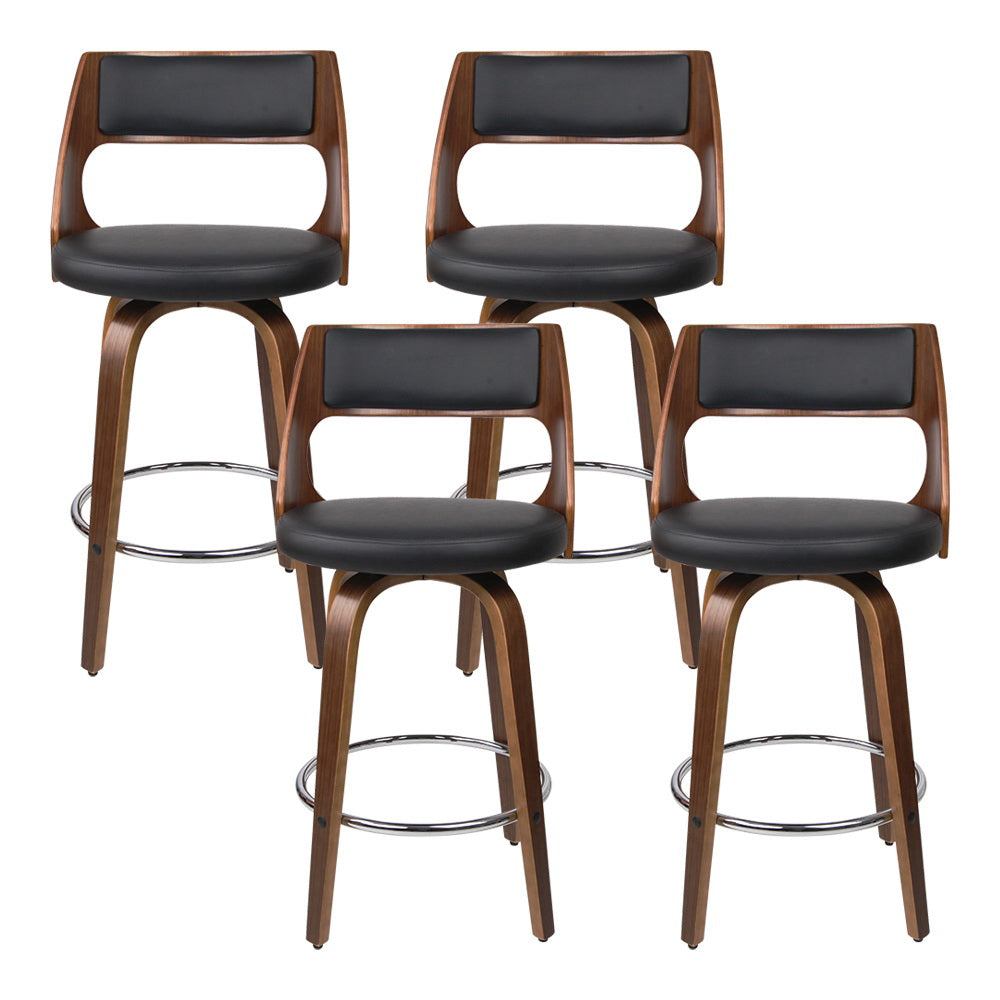 Bentwood Wooden Bar Stool Leather Swivel (Set of 4) Black 76cm