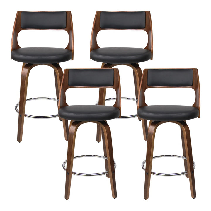 Bentwood Wooden Bar Stool Leather Swivel (Set of 4) Black 76cm