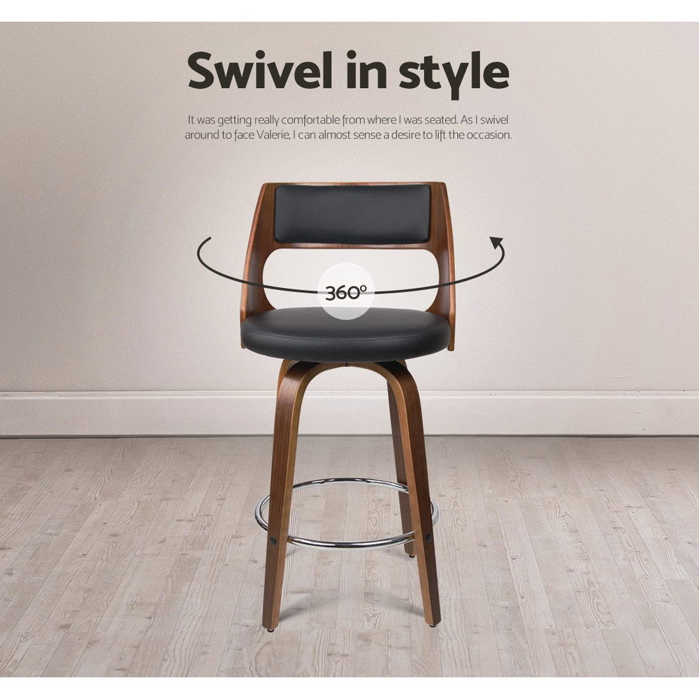 Bentwood Wooden Bar Stool Leather Swivel (Set of 4) Black 76cm