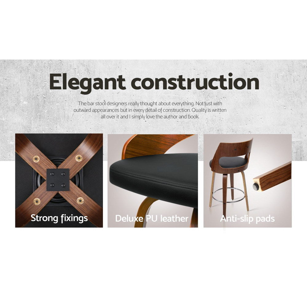 Bentwood Wooden Bar Stool Leather Swivel (Set of 4) Black 76cm