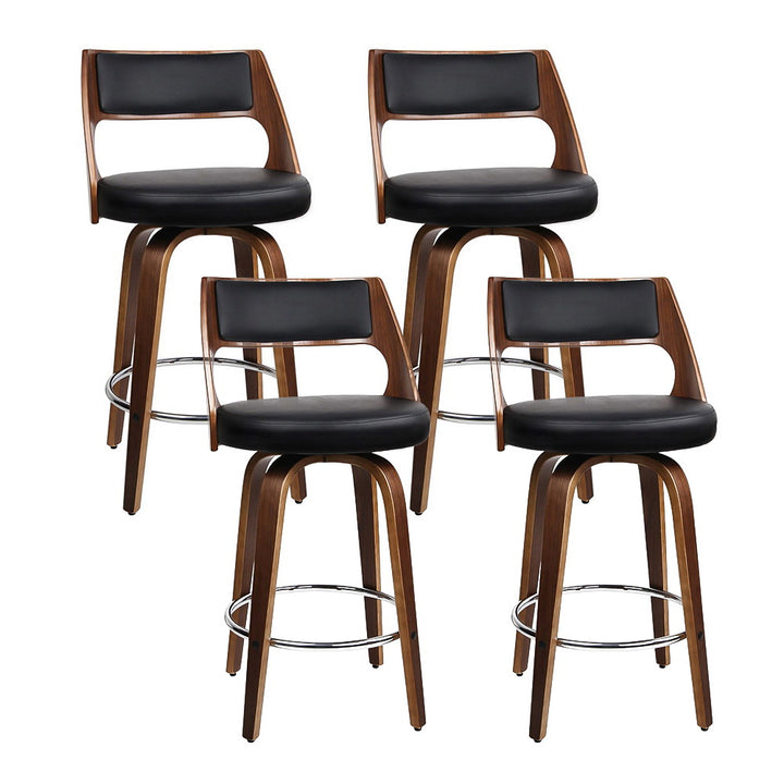 Bentwood Wooden Bar Stool Leather Swivel (Set of 4) Black 76cm