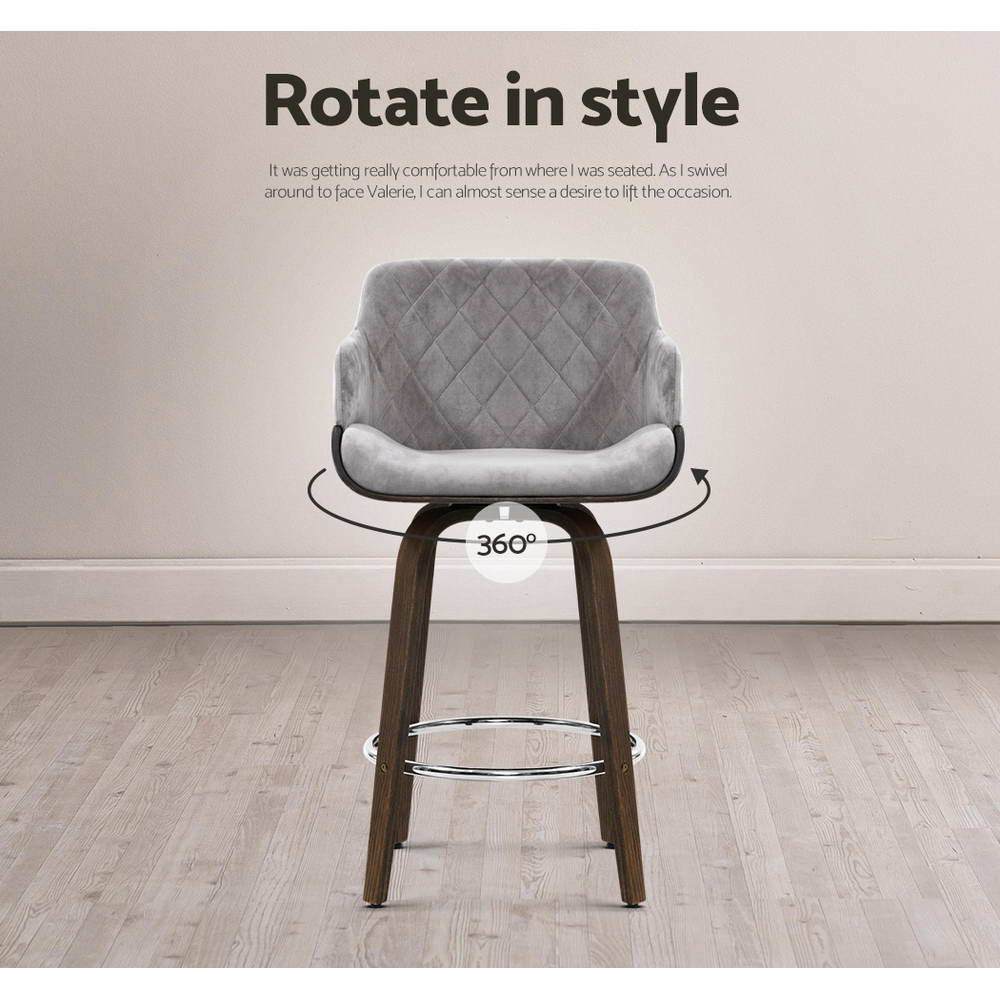 Maisy Velvet Fabric Bar Stool Wooden Swivel (Set of 2) Grey 70cm
