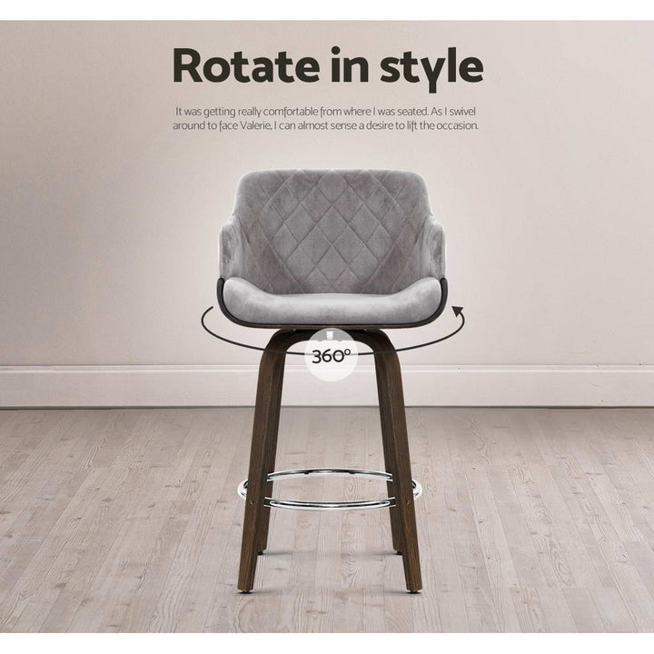 Maisy Velvet Fabric Bar Stool Wooden Swivel (Set of 2) Grey 70cm