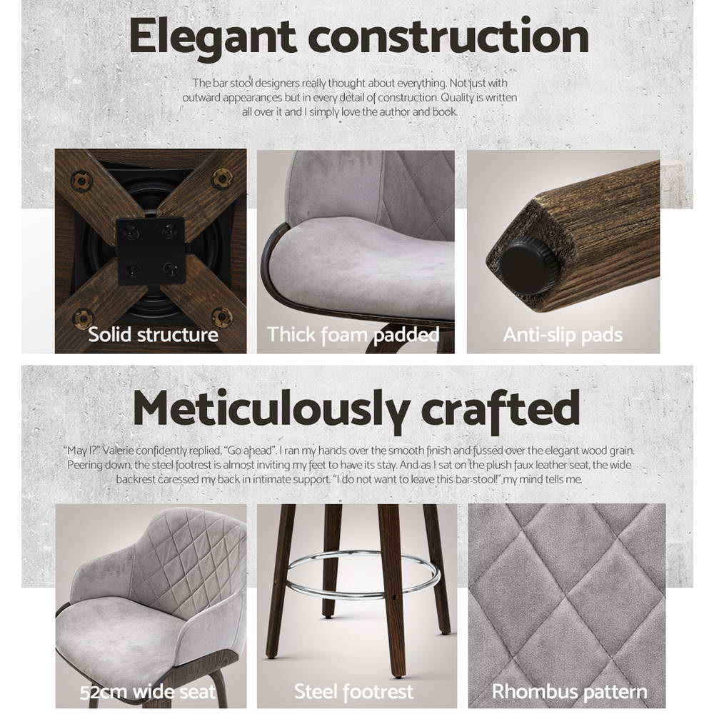 Maisy Velvet Fabric Bar Stool Wooden Swivel (Set of 2) Grey 70cm