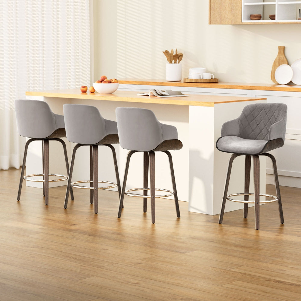 Maisy Velvet Fabric Bar Stool Wooden Swivel (Set of 4) Grey 70cm