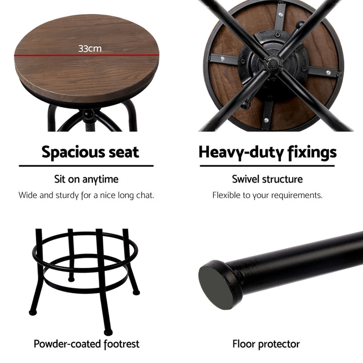 Chico Industrial Bar Stool Wooden Swivel Backless (Set of 2) Black