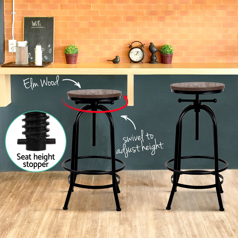 Chico Industrial Bar Stool Wooden Swivel Backless (Set of 2) Black
