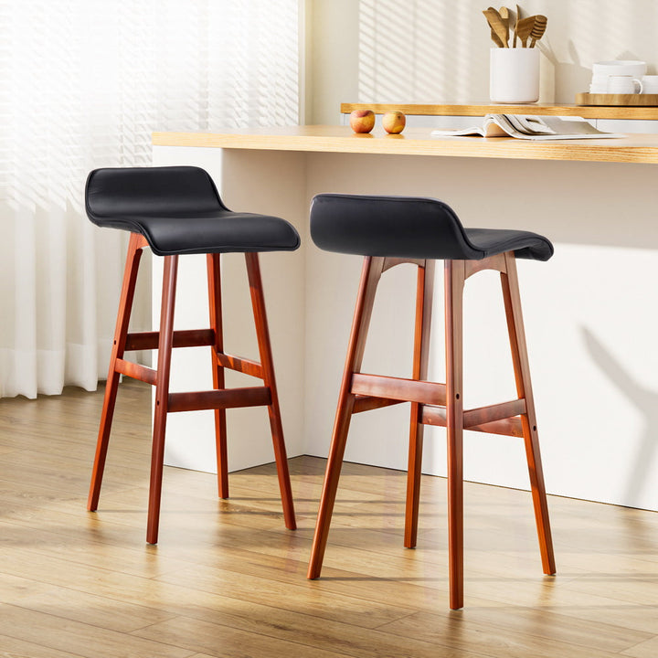 Silvia Wooden Bar Stool Leather (Set of 2) Black 74cm