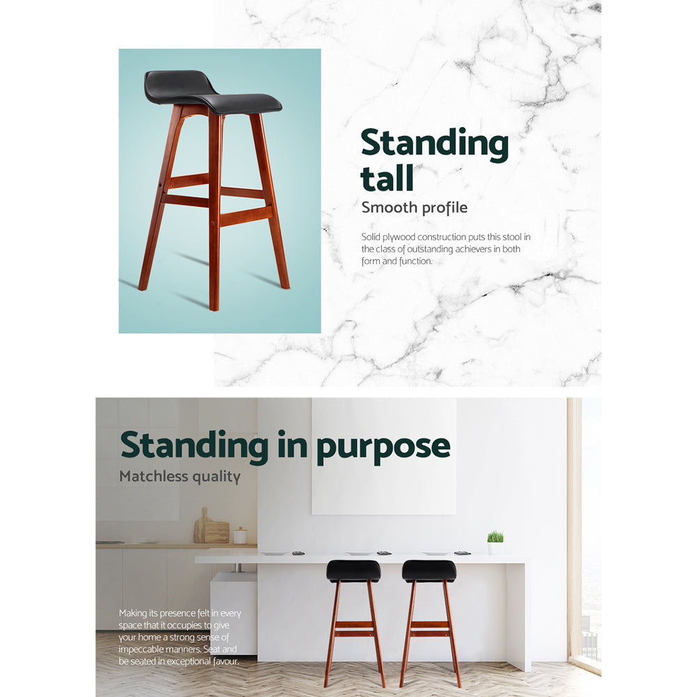 Silvia Wooden Bar Stool Leather (Set of 2) Black 74cm