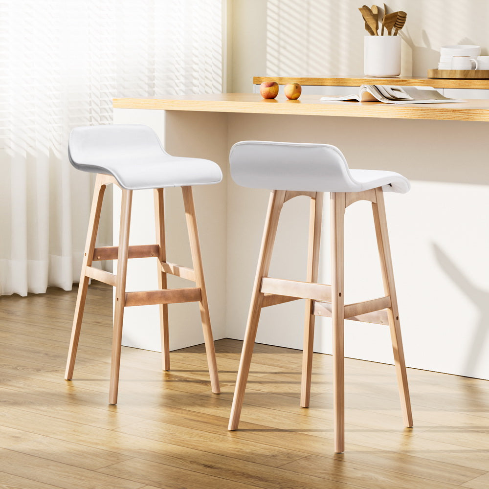 Silvia Wooden Bar Stool Leather (Set of 2) White 74cm