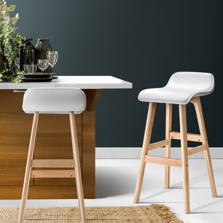 Silvia Wooden Bar Stool Leather (Set of 2) White 74cm