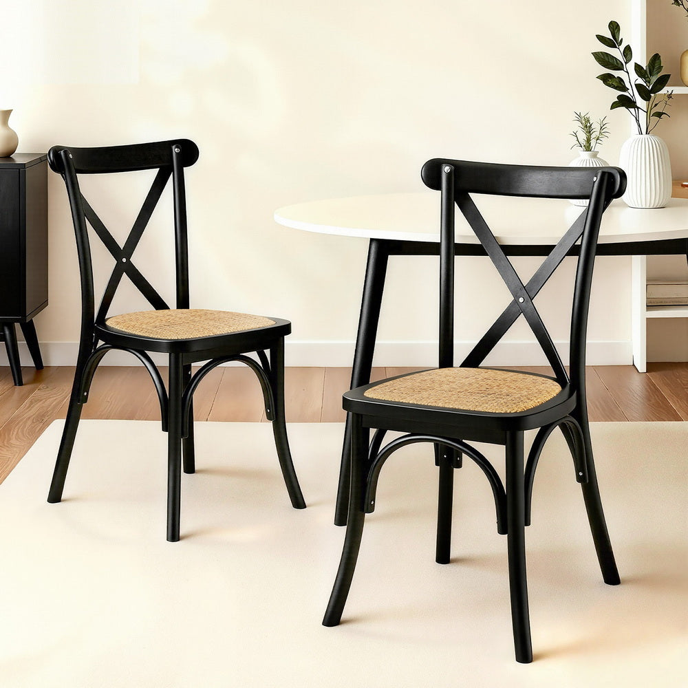 Artiss Rattan Kitchen Dining Chairs Cross-Back (Set of 2) Black