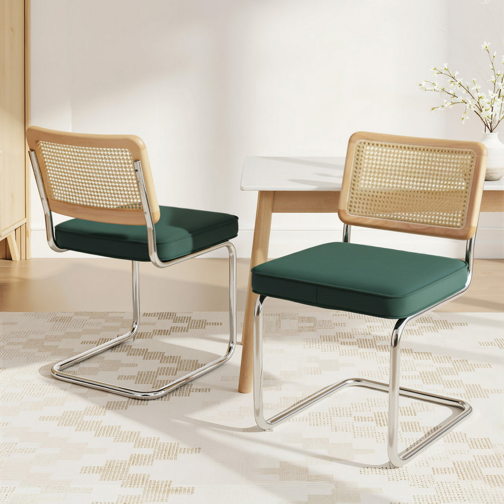 Artiss Velvet Fabric Kitchen Dining Chairs Rattan (Set of 2) Emerald
