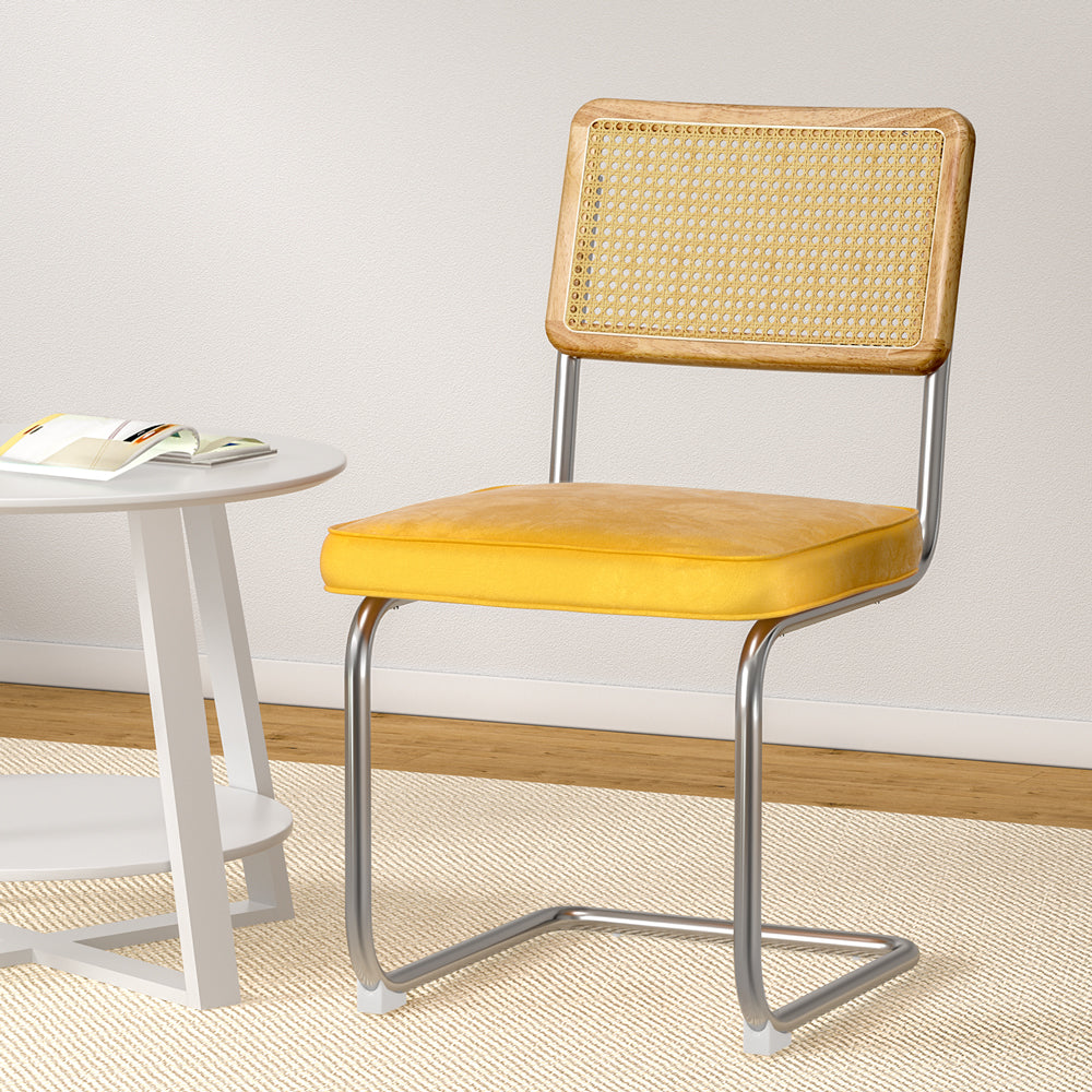 Artiss Velvet Fabric Kitchen Dining Chairs Rattan (Set of 2) Yellow