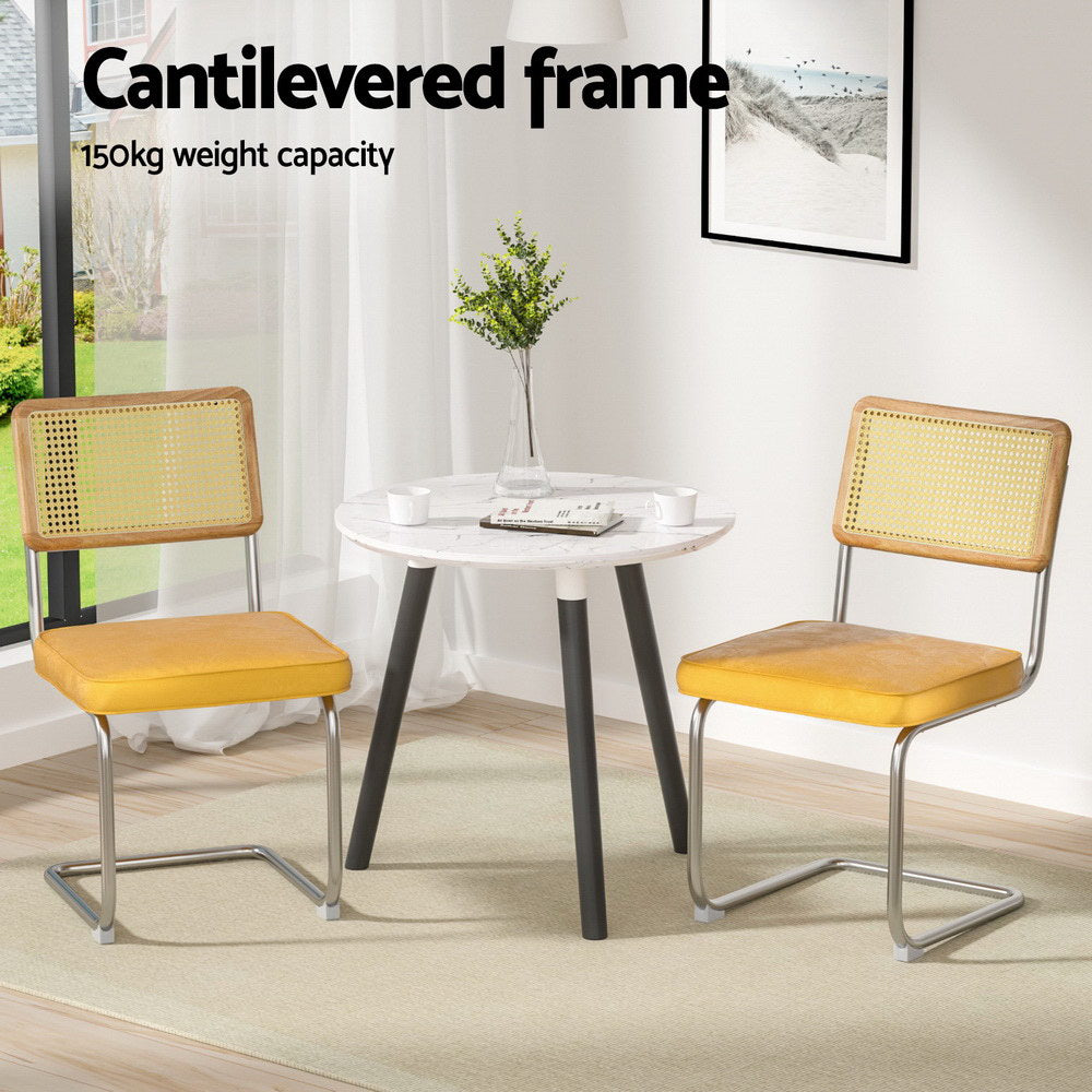 Artiss Velvet Fabric Kitchen Dining Chairs Rattan (Set of 2) Mustard