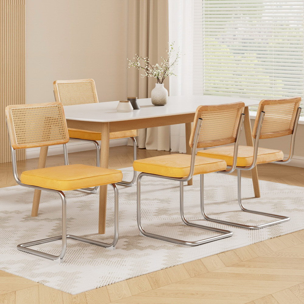 Artiss Velvet Fabric Kitchen Dining Chairs Rattan (Set of 2) Mustard