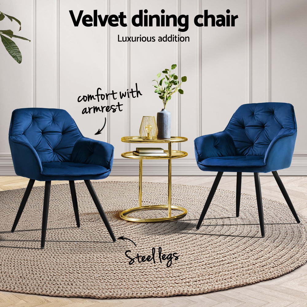 Artiss Velvet Fabric Dining Chairs Diamond Tufted (Set of 4) Blue