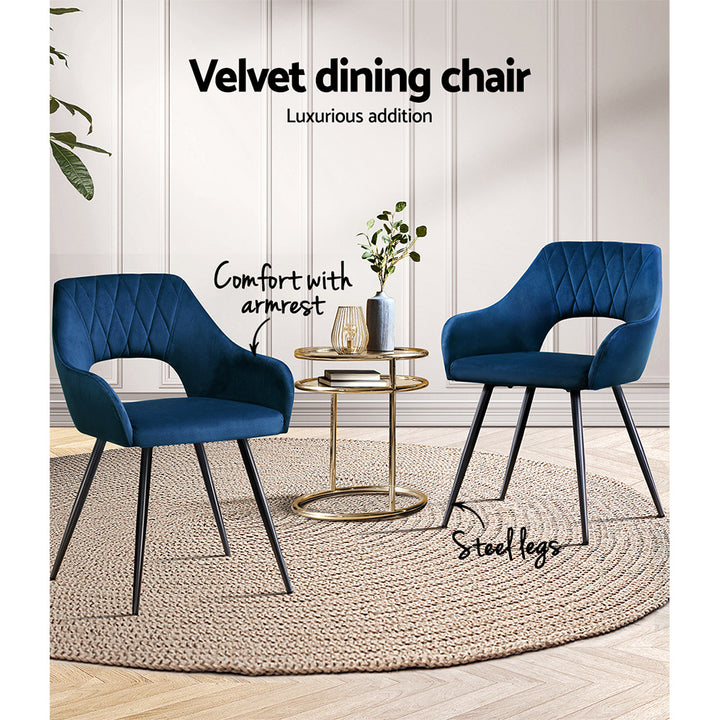 Artiss Velvet Fabric Dining Chairs Armrests (Set of 2) Blue