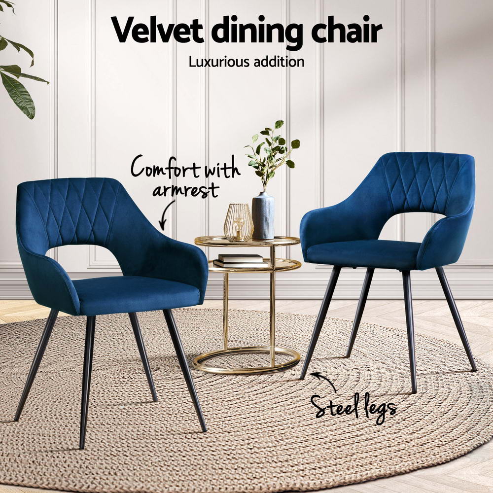 Artiss Velvet Fabric Dining Chairs Armrests (Set of 4) Blue