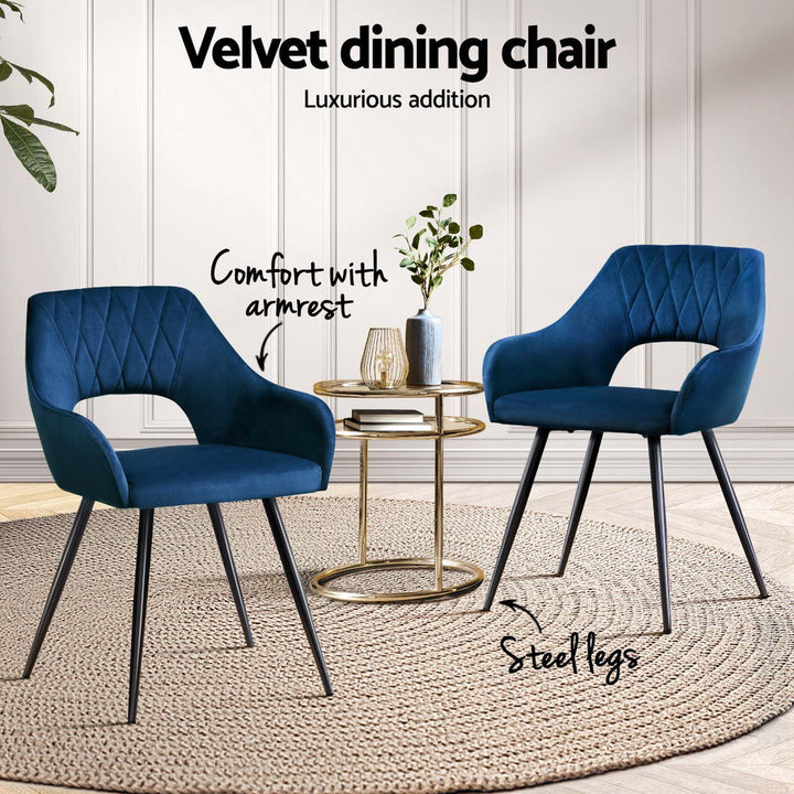 Artiss Velvet Fabric Dining Chairs Armrests (Set of 4) Blue