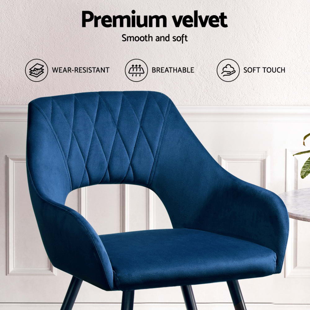Artiss Velvet Fabric Dining Chairs Armrests (Set of 4) Blue