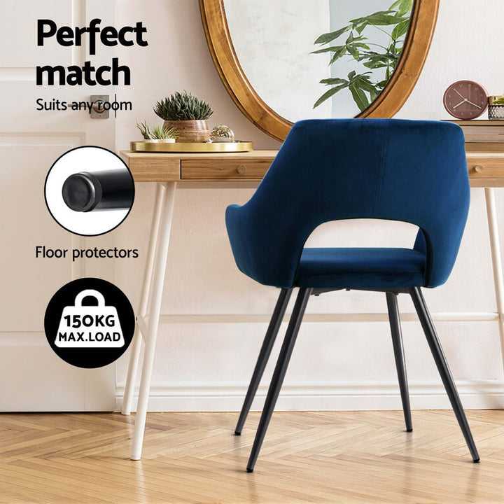 Artiss Velvet Fabric Dining Chairs Armrests (Set of 4) Blue