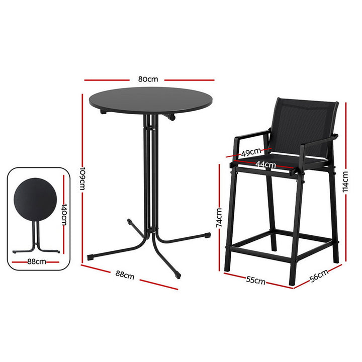 Gardeon 3PC Outdoor Bar Set Stools Dining Chairs Table Patio Furniture Bistro Set Steel Black