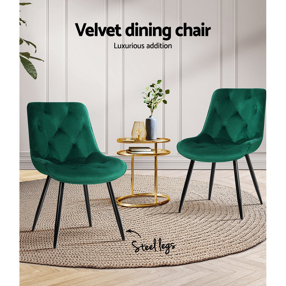 Artiss Velvet Fabric Dining Chairs Diamond Tufted (Set of 2) Green