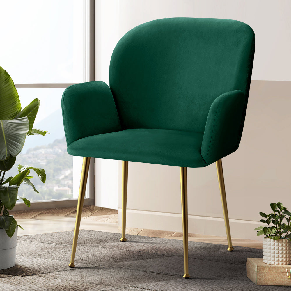 Artiss Velvet Fabric Dining Chairs Armrests (Set of 2) Green