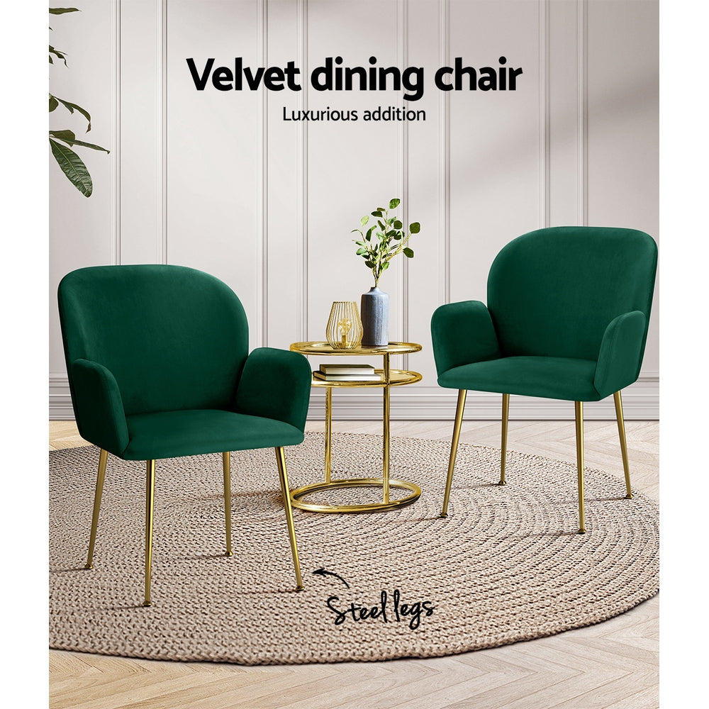 Artiss Velvet Fabric Dining Chairs Armrests (Set of 2) Green