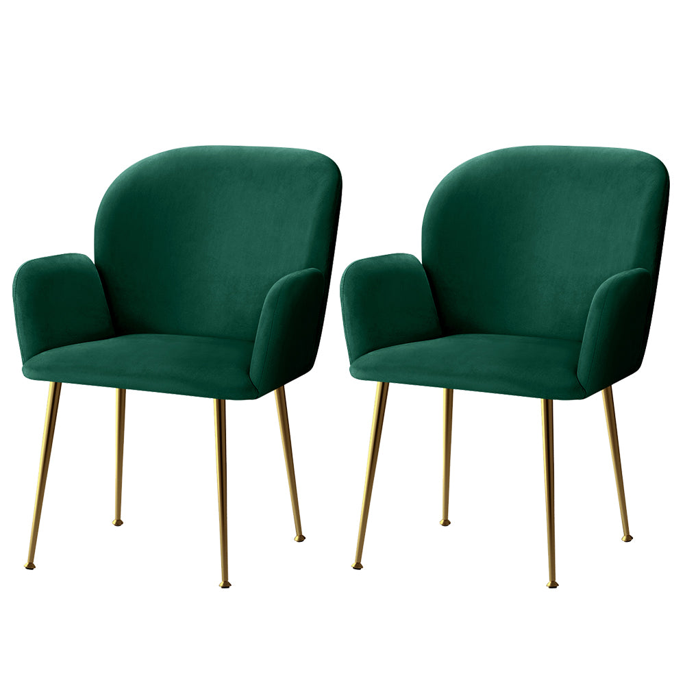 Artiss Velvet Fabric Dining Chairs Armrests (Set of 2) Green