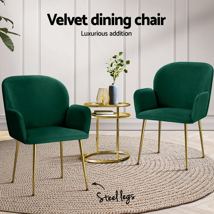 Artiss Velvet Fabric Dining Chairs Armrests (Set of 4) Green