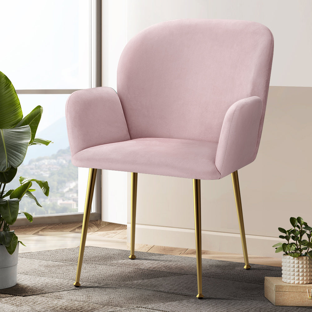 Artiss Velvet Fabric Dining Chairs Armrests (Set of 2) Pink