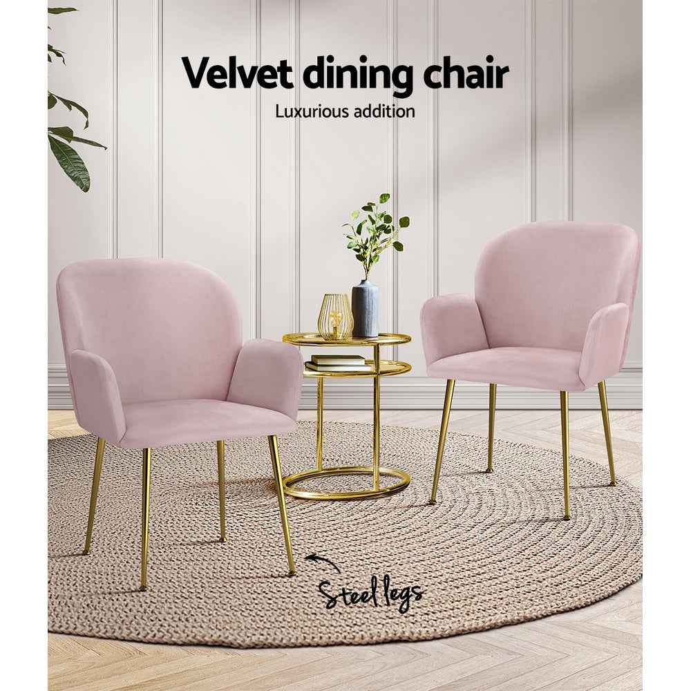 Artiss Velvet Fabric Dining Chairs Armrests (Set of 2) Pink
