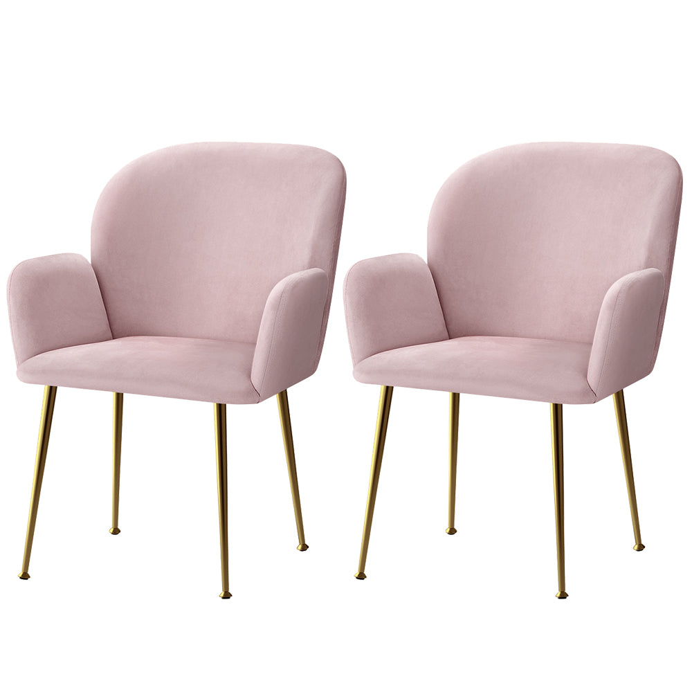 Artiss Velvet Fabric Dining Chairs Armrests (Set of 2) Pink