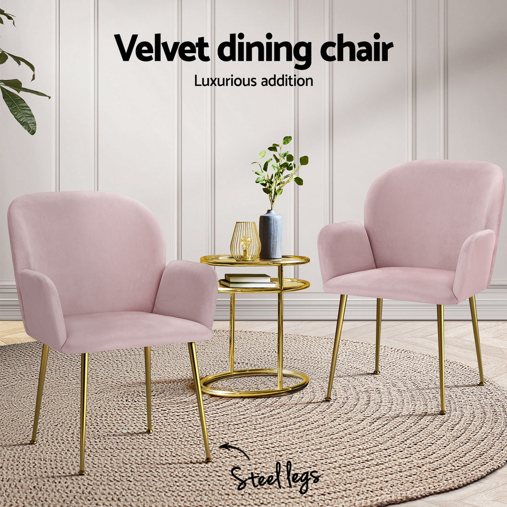 Artiss Velvet Fabric Dining Chairs Armrests (Set of 4) Pink