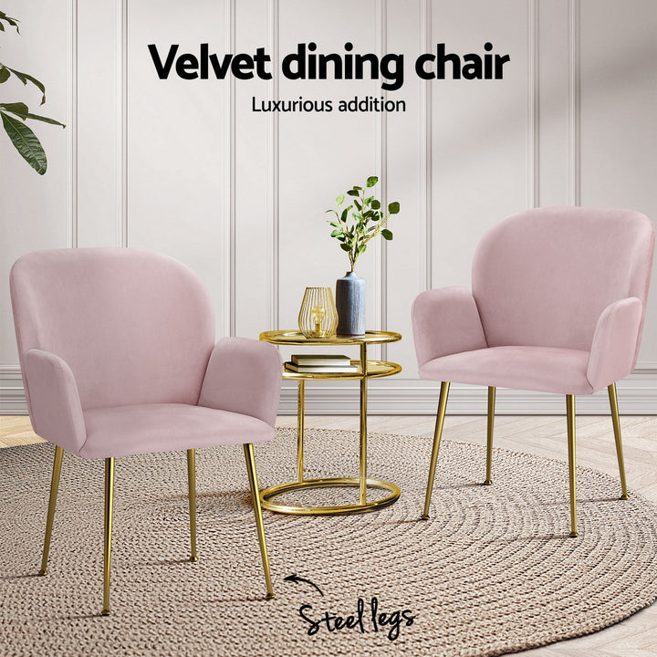Artiss Velvet Fabric Dining Chairs Armrests (Set of 4) Pink