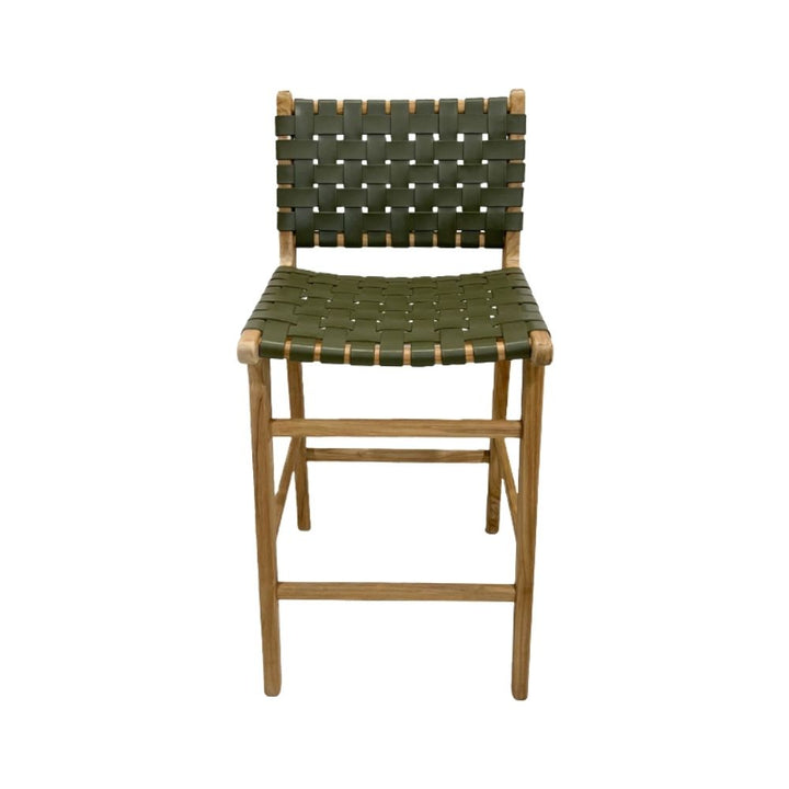 Bar Stools - Karina Leather Counter Stool (Woven) Olive 65cm