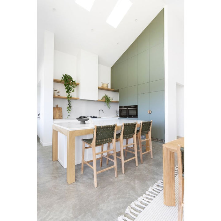 Bar Stools - Karina Leather Counter Stool (Woven) Olive 65cm