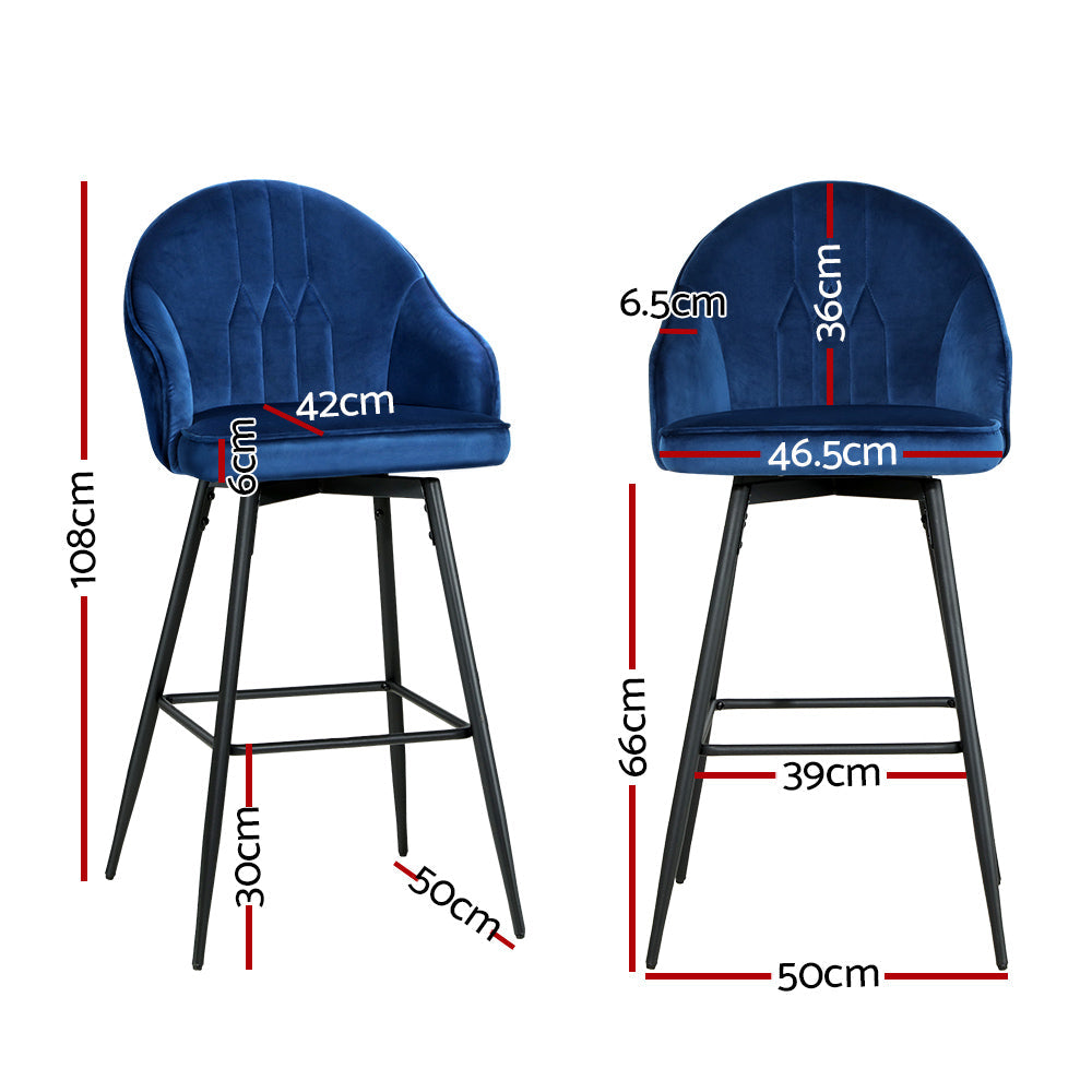 Bar Stools - Wilma Velvet Fabric Bar Stool (Set Of 2) Blue 72cm