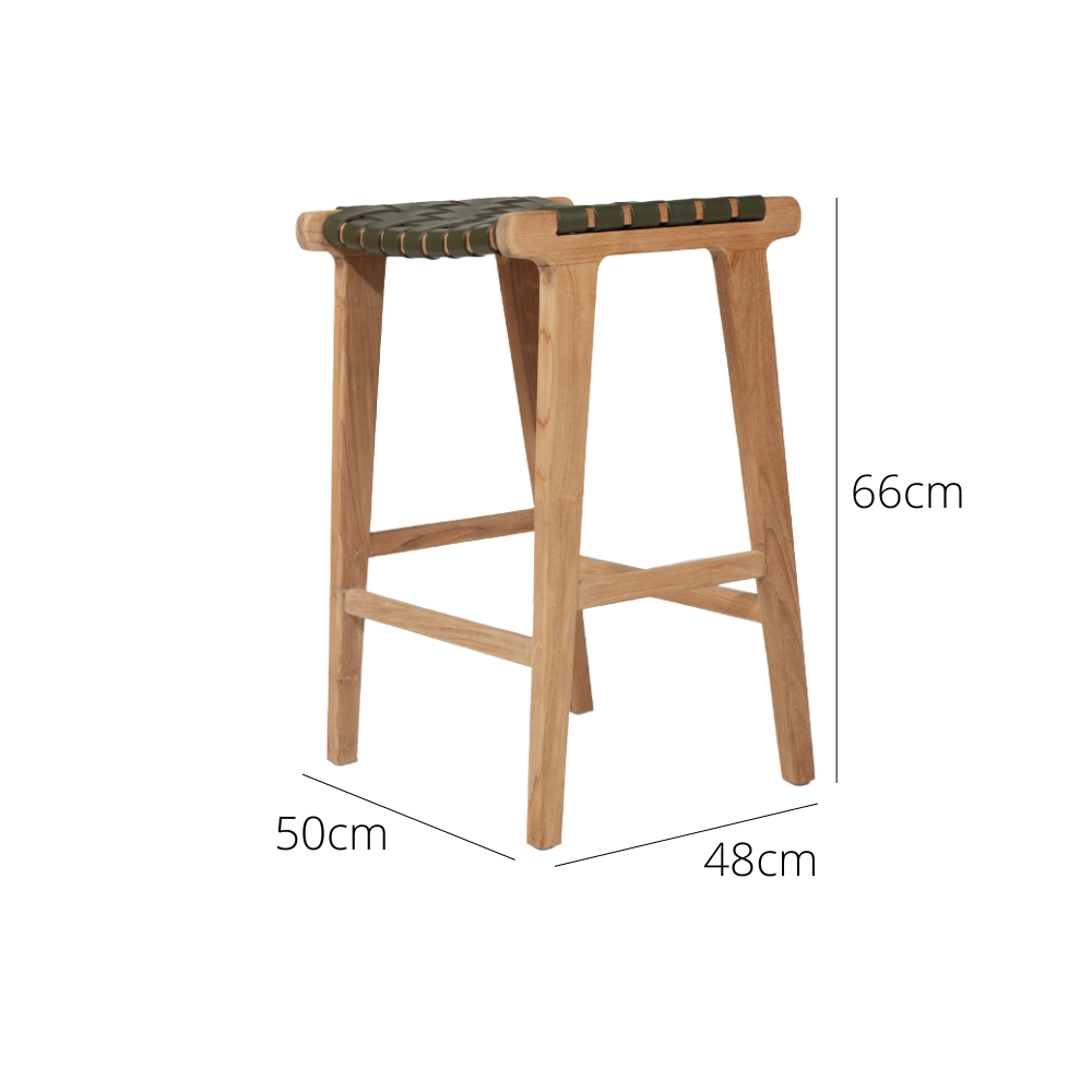 Bar Stools - Karina Leather Counter Stool Backless (Woven) Olive 65cm