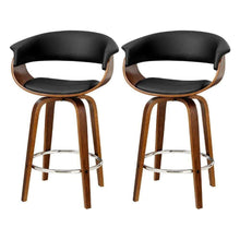 Load image into Gallery viewer, Bar Stools - Angus Set Of 2 Leather Wooden Swivel Kitchen Bar Stool Black 65cm