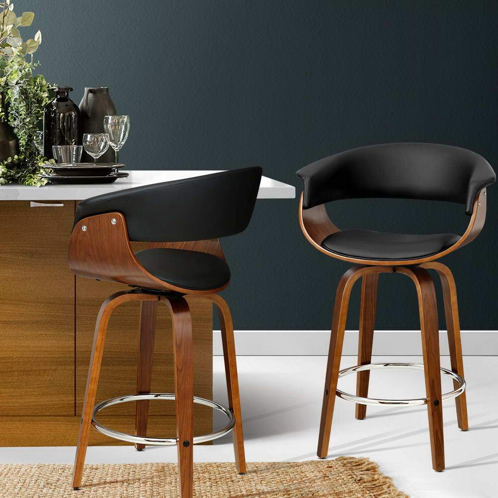 Bar Stools - Angus Set Of 2 Leather Wooden Swivel Kitchen Bar Stool Black 65cm