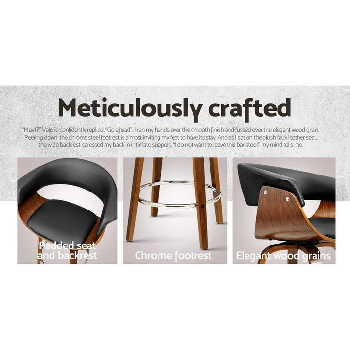 Bar Stools - Angus Set Of 4 Leather Wooden Swivel Kitchen Bar Stool Black 65cm