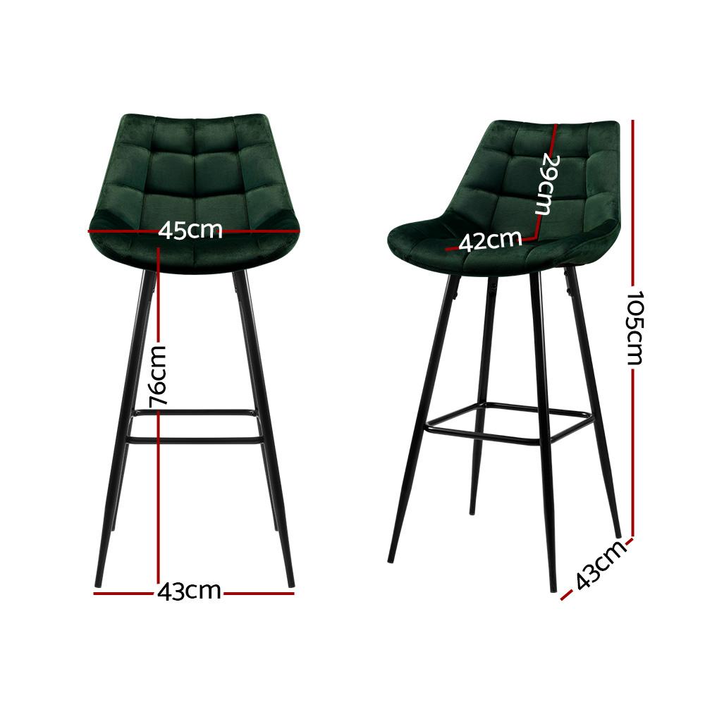 Bar Stools - Audrey Set Of 2 Velvet Fabric Kitchen Bar Stool Green 76cm
