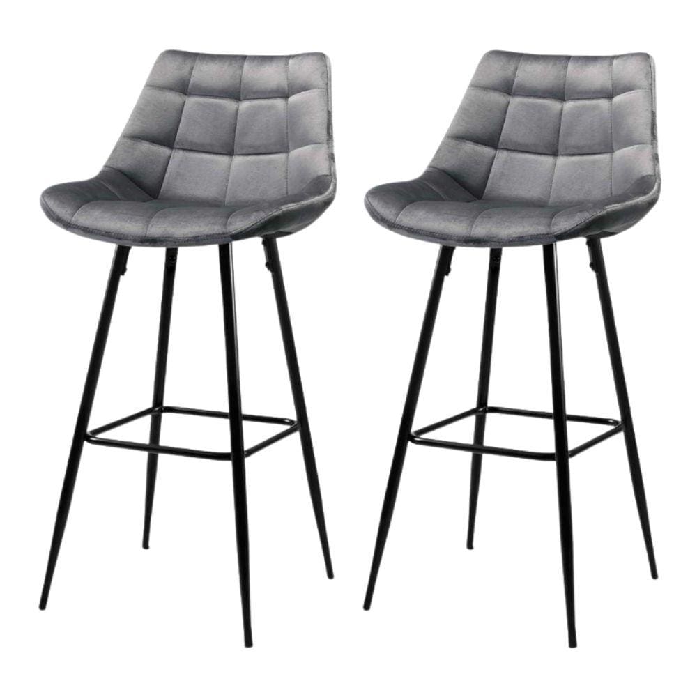 Bar Stools - Audrey Set Of 2 Velvet Fabric Kitchen Bar Stool Grey 76cm