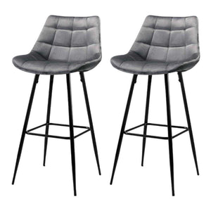 Bar Stools - Audrey Set Of 2 Velvet Fabric Kitchen Bar Stool Grey 76cm