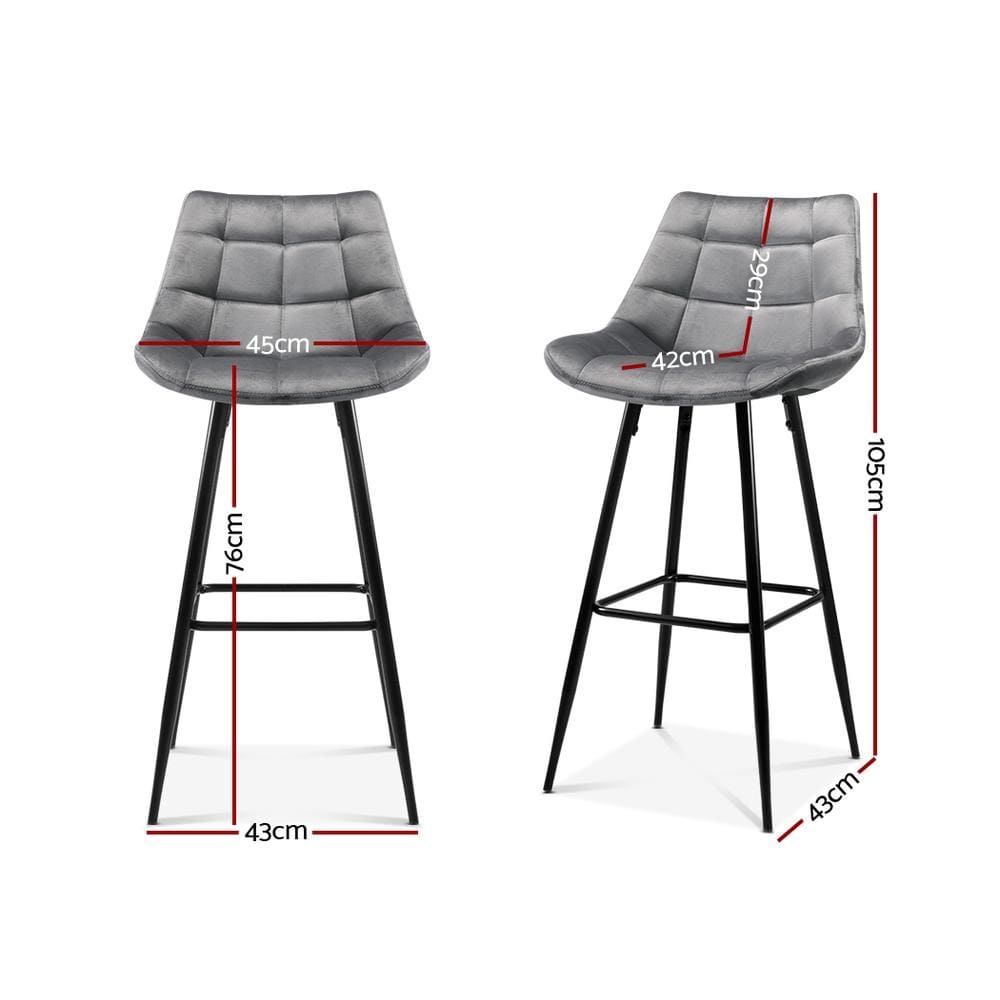 Bar Stools - Audrey Set Of 2 Velvet Fabric Kitchen Bar Stool Grey 76cm