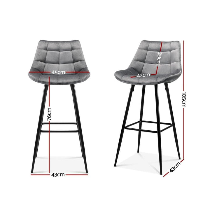 Bar Stools - Audrey Set Of 2 Velvet Fabric Kitchen Bar Stool Grey 76cm