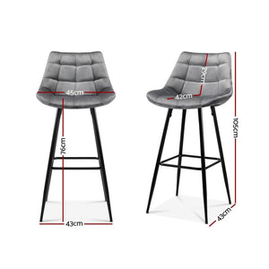 Bar Stools - Audrey Set Of 2 Velvet Fabric Kitchen Bar Stool Grey 76cm